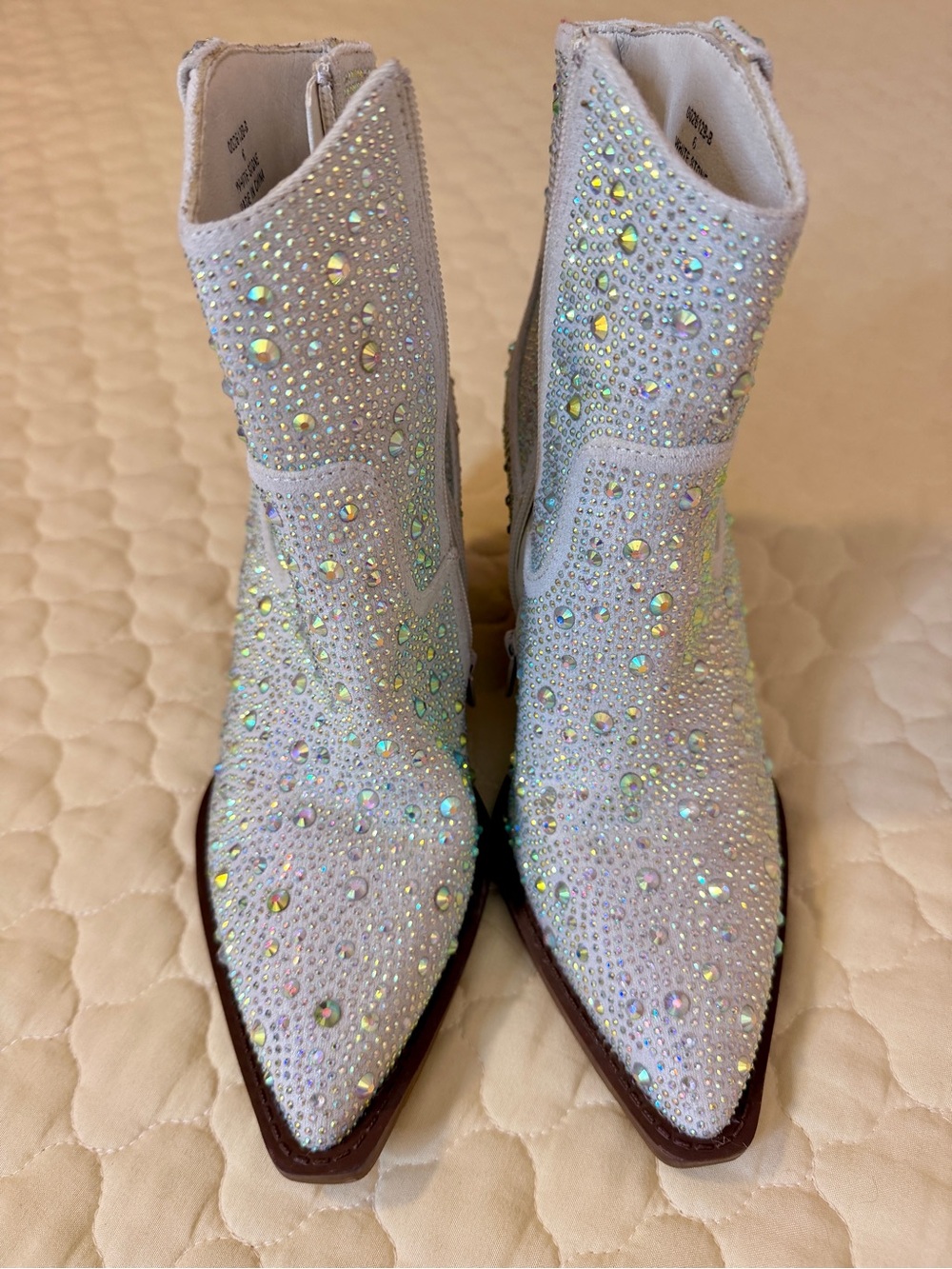 Iridescent Crystal Embellished Women's Ankle Boots - White